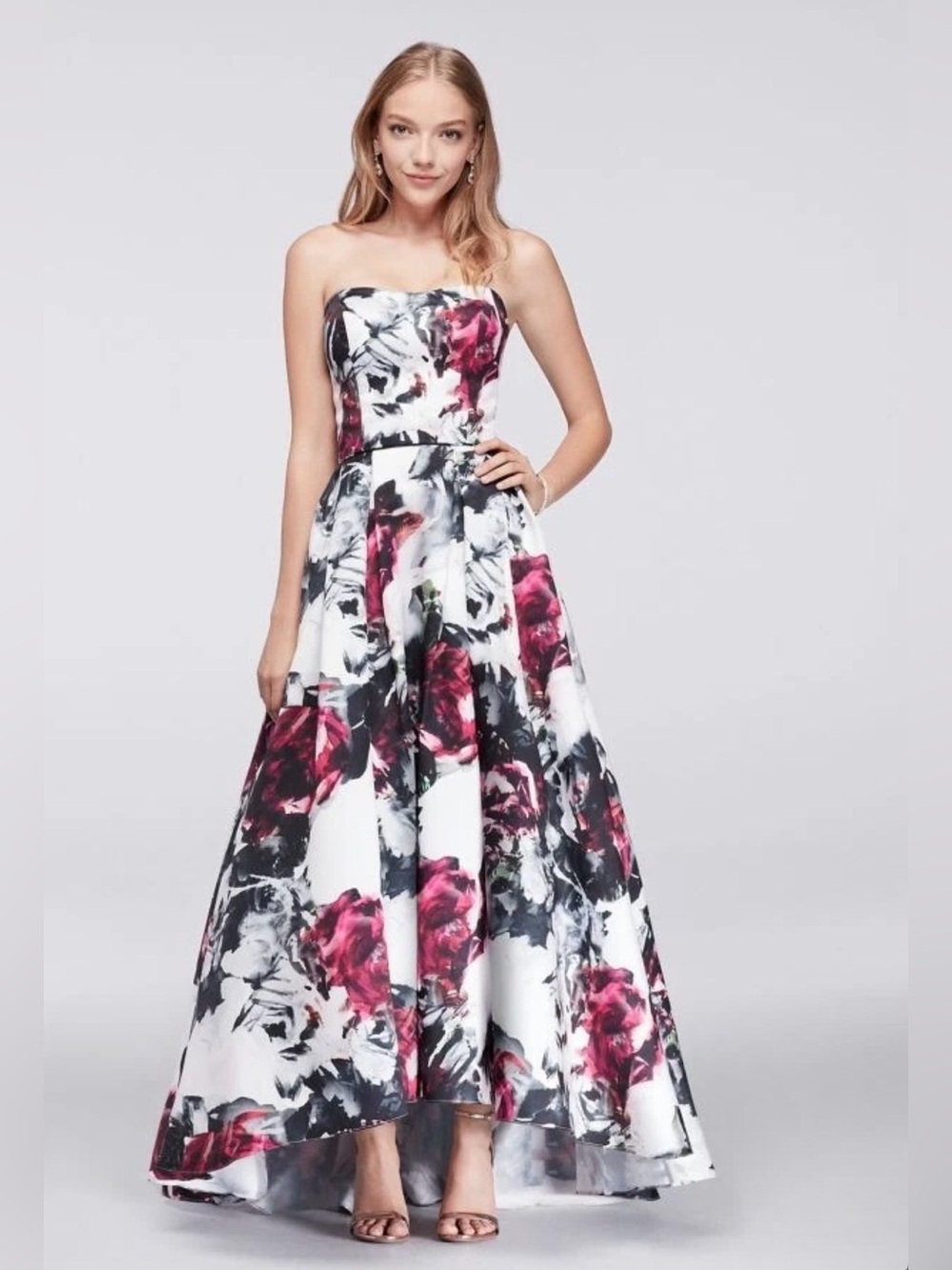 Betsy & Adam Size 2 Pink Floral Strapless High Low Formal Gown NWT GALA MOB